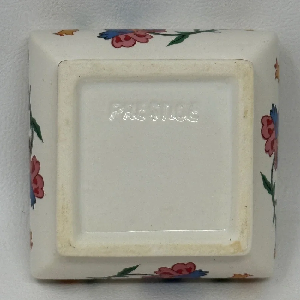 Floral 3 Inch Square Ceramic Lidded Jewelry Trinket Box 80s Oriental Gift Vanity